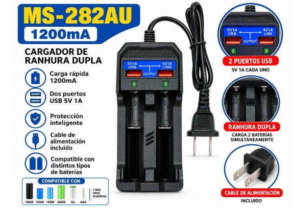 &ua CARGADOR DE PILAS AA / AAA + 2USB  220V MS-282AU (282)